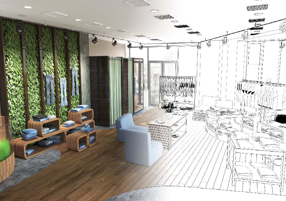 Retail store interior before and after architectural wrapping - shop refurbishment