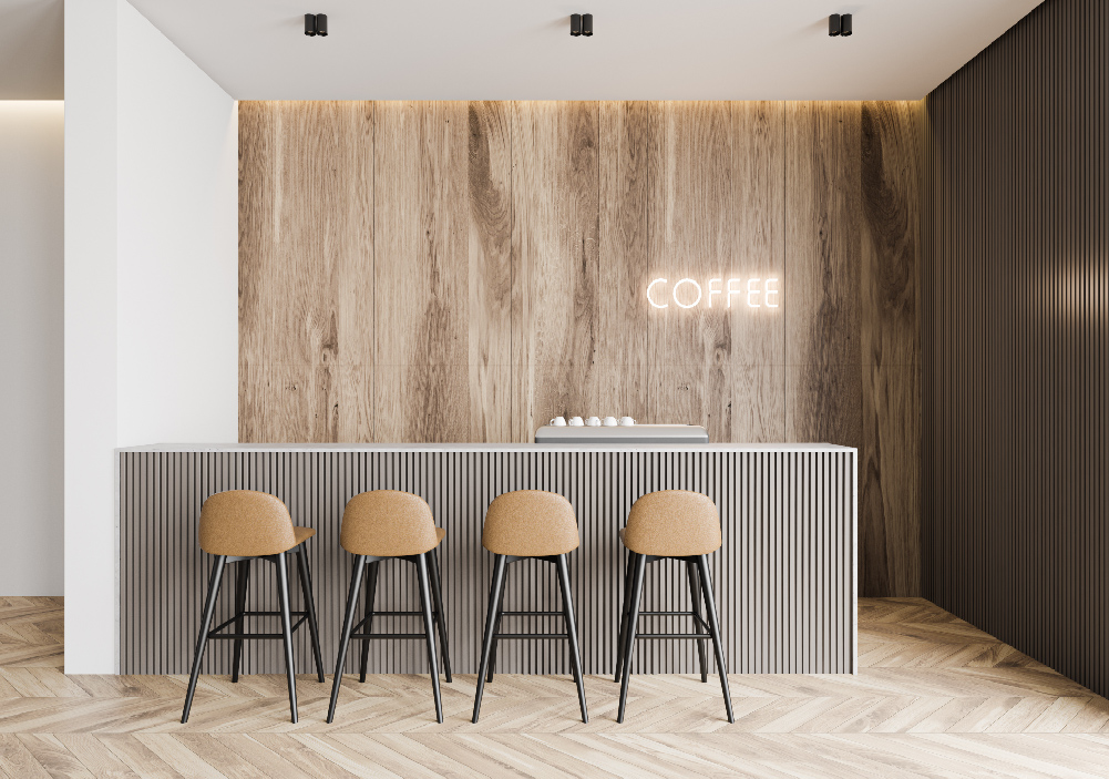 Modern retail coffee bar interior with architectural wrapping finish